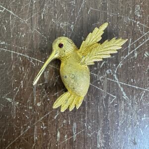 Judith Green VINTAGE Gold Tone Hummingbird Red Rhinestone Brooch‎ Pin